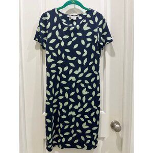 Diane Von Furstenberg Reina Silk Blue Green Leaf Print Boat Neck Mini Dress Sz 6